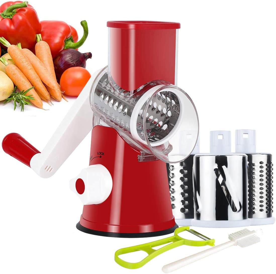 Ourokhome Rotary Cheese Grater Hand Crank, Kitchen Shredder Speed Mandolin Slicer Nut Grinder with Handle and Drum Blades for Cheese, Vegetable, Walnut, Chocolate, Potato, Carrot, 3 Blades, Blue