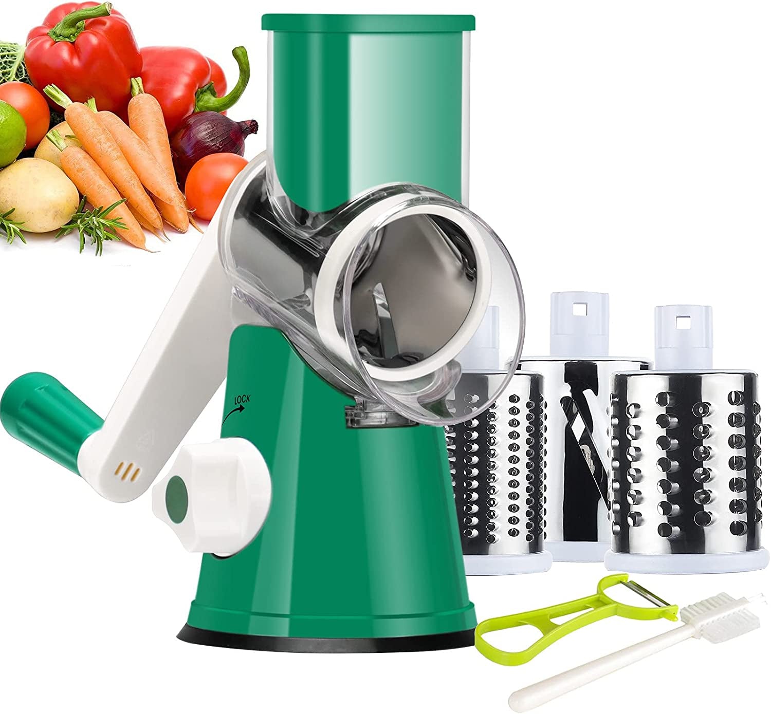 Ourokhome Rotary Cheese Grater Hand Crank, Kitchen Shredder Speed Mandolin Slicer Nut Grinder with Handle and Drum Blades for Cheese, Vegetable, Walnut, Chocolate, Potato, Carrot, 3 Blades, Blue