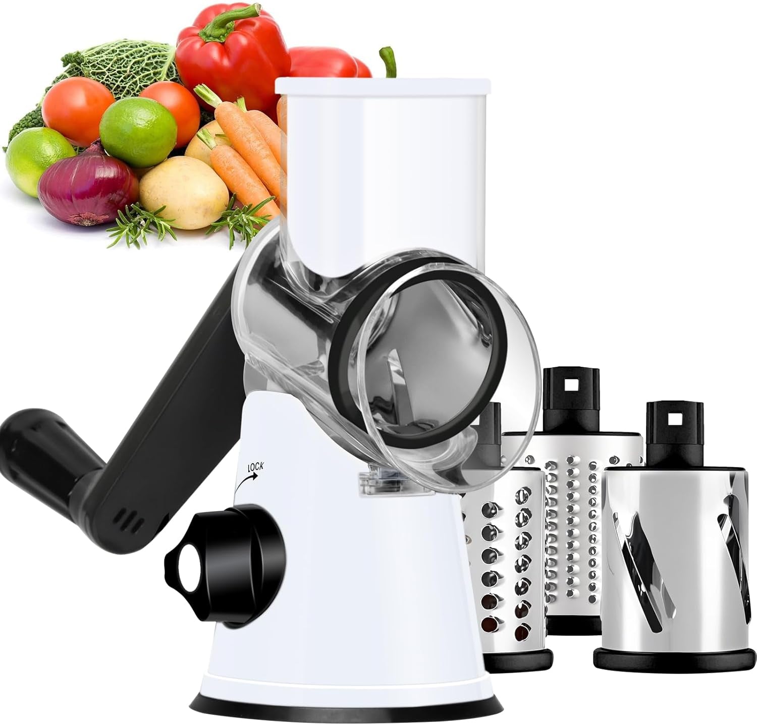 Ourokhome Rotary Cheese Grater Hand Crank, Kitchen Shredder Speed Mandolin Slicer Nut Grinder with Handle and Drum Blades for Cheese, Vegetable, Walnut, Chocolate, Potato, Carrot, 3 Blades, Blue