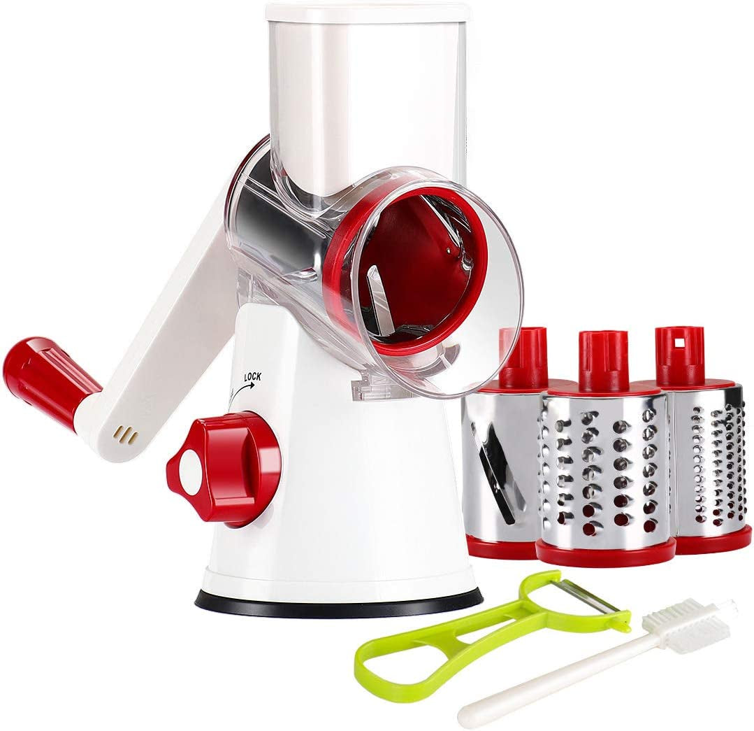 Ourokhome Rotary Cheese Grater Hand Crank, Kitchen Shredder Speed Mandolin Slicer Nut Grinder with Handle and Drum Blades for Cheese, Vegetable, Walnut, Chocolate, Potato, Carrot, 3 Blades, Blue