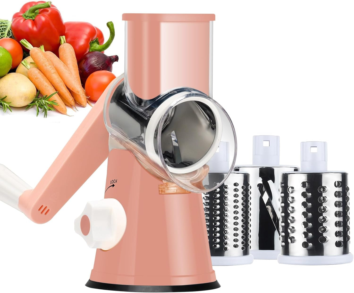 Ourokhome Rotary Cheese Grater Hand Crank, Kitchen Shredder Speed Mandolin Slicer Nut Grinder with Handle and Drum Blades for Cheese, Vegetable, Walnut, Chocolate, Potato, Carrot, 3 Blades, Blue