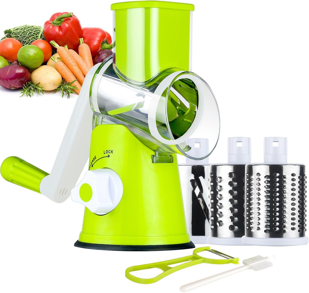 Ourokhome Rotary Cheese Grater Hand Crank, Kitchen Shredder Speed Mandolin Slicer Nut Grinder with Handle and Drum Blades for Cheese, Vegetable, Walnut, Chocolate, Potato, Carrot, 3 Blades, Blue