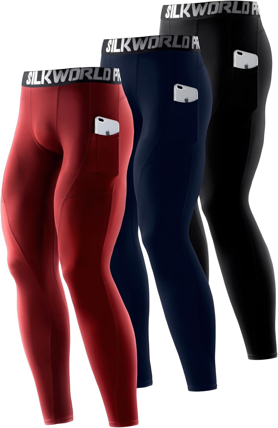 SILKWORLD Men'S 1~3 Pack Compression Pants Pockets Cool Dry Gym Leggings Baselayer Running Tights